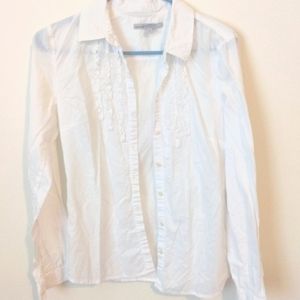 🍁3/$12 SALE🍁White Ruffle Classic Style Button Down Blouse Size M